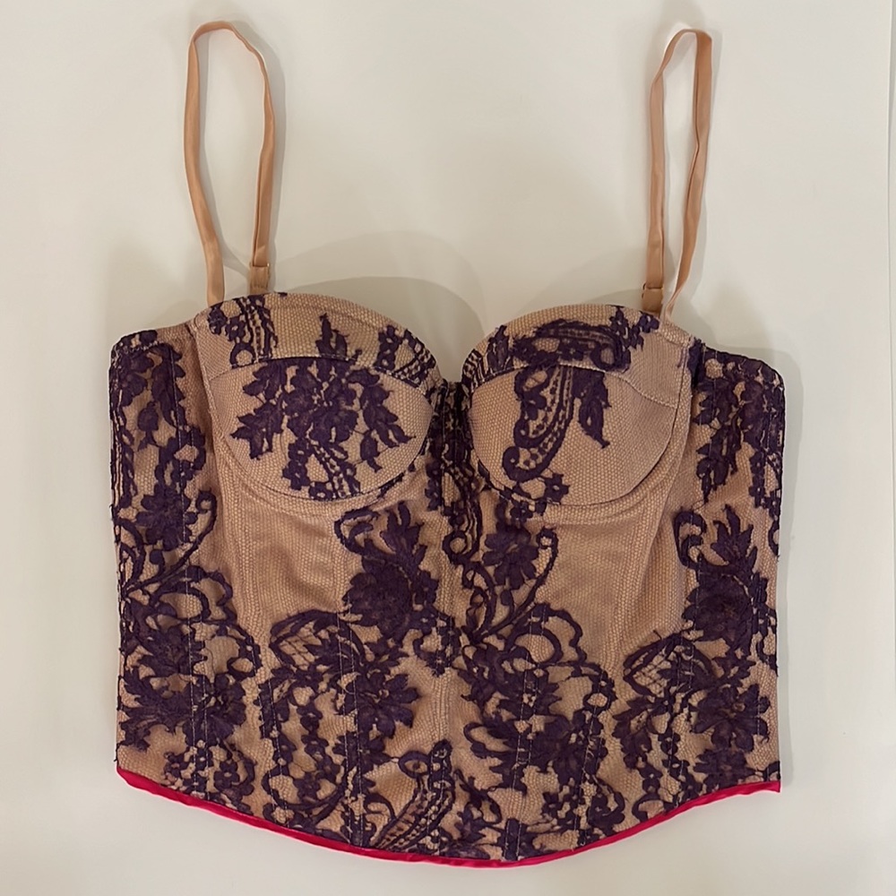 Rosamosario Purple & Beige Lace-Up Corset with Boning, Orange Laces